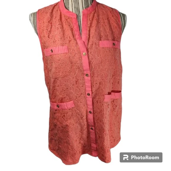 AQUA NWOT Orange Lace Front Solid Back Sleeveless Button Down Top Size Medium - Picture 1 of 8
